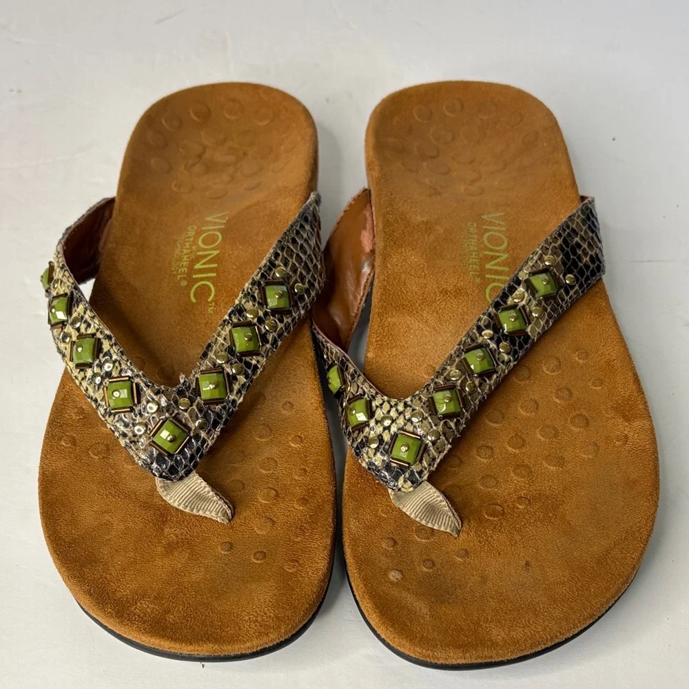 Vionic Floriana Bead Reptile and Embellished Thong Olive Sandals